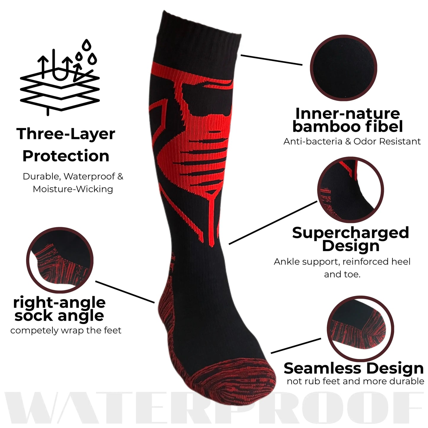 Unisex Knee High Waterproof Socks – Black & Red