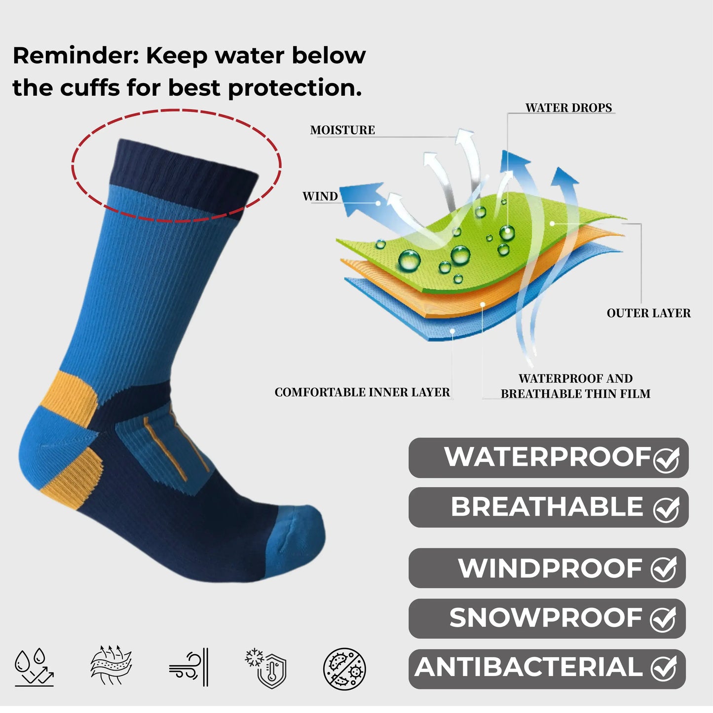 Unisex Crew Waterproof Socks Blue