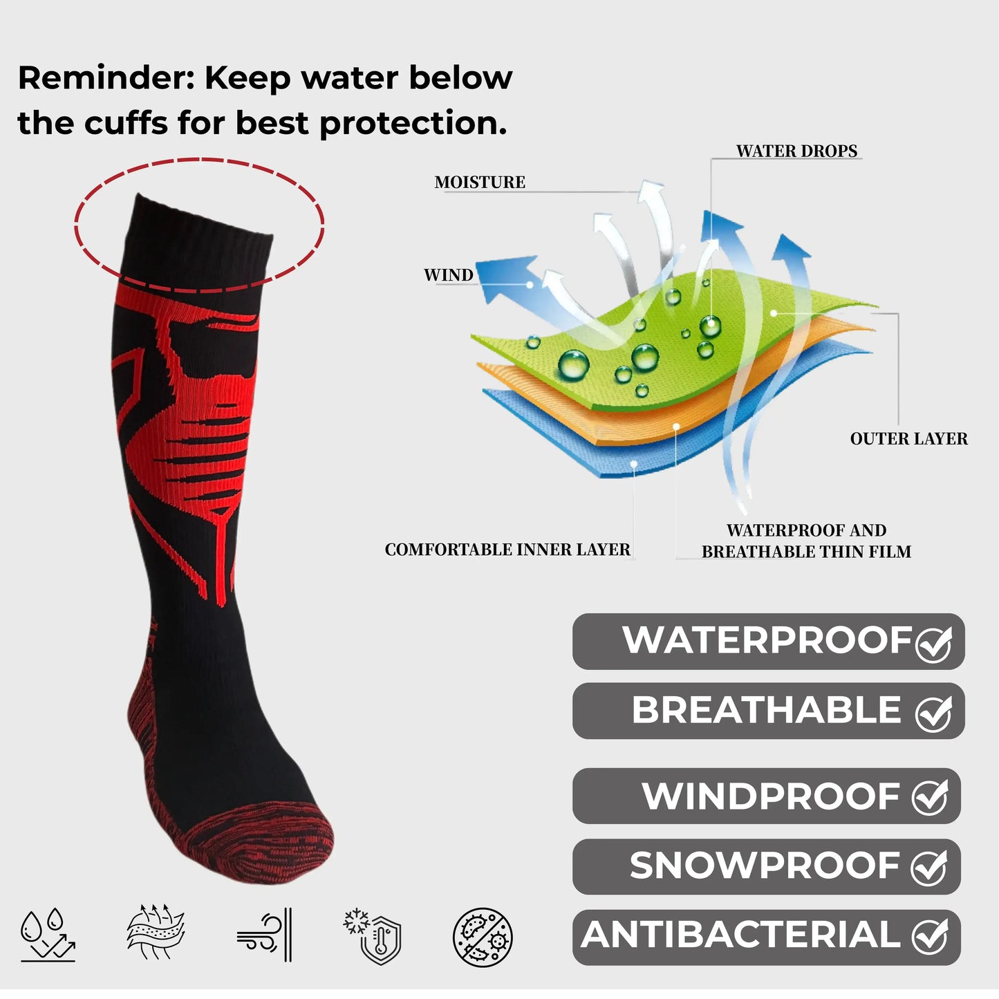 Unisex Knee High Waterproof Socks – Black & Red