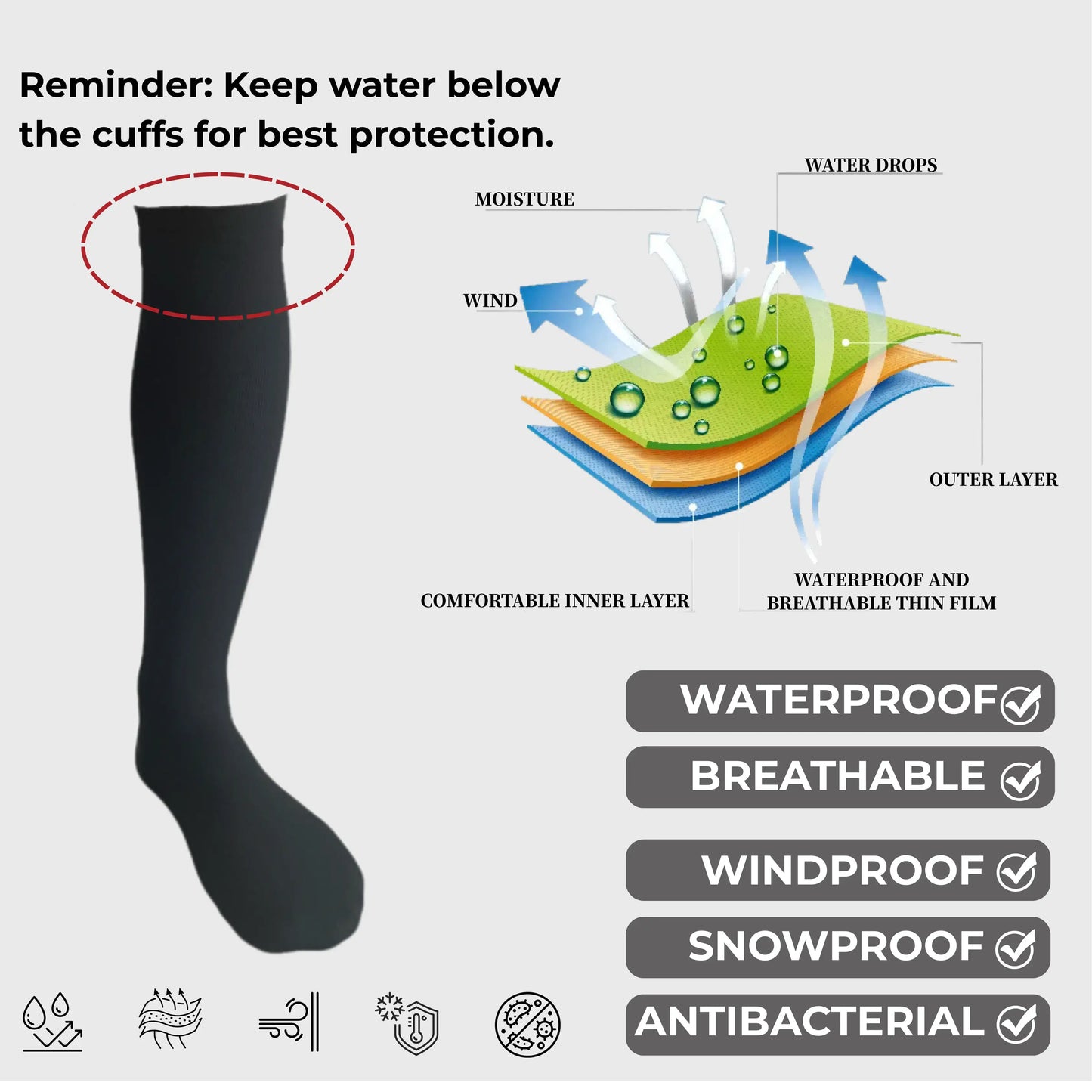 Unisex Knee High Waterproof Socks - Black