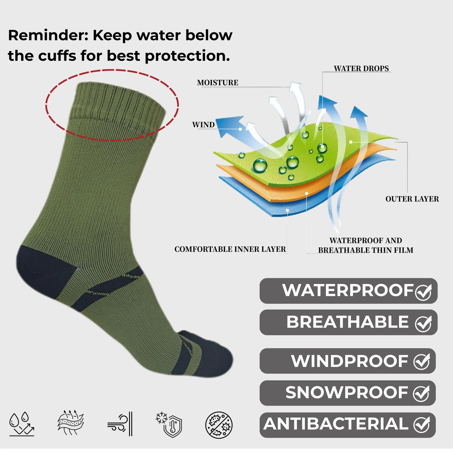 Unisex Crew Waterproof Socks - Balck & Green