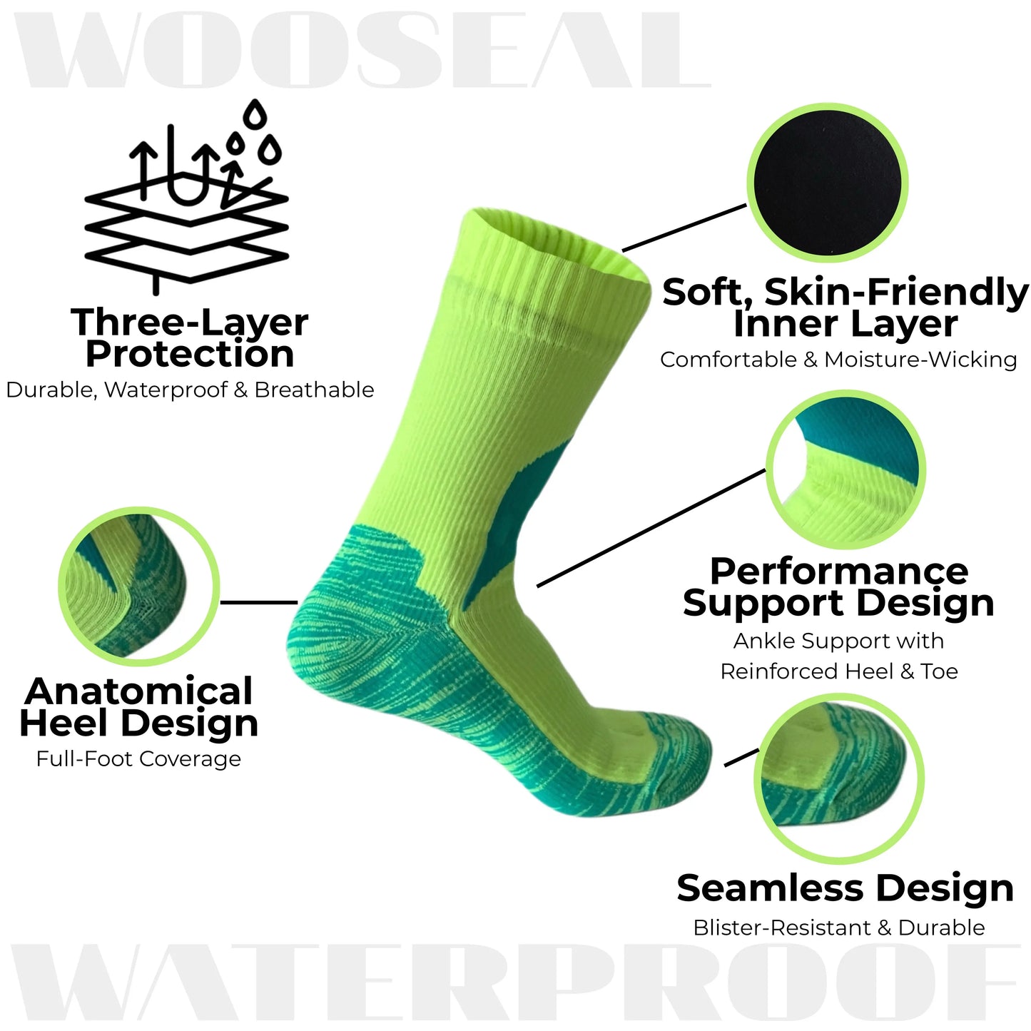Unisex Crew Waterproof Socks - Lemon Green