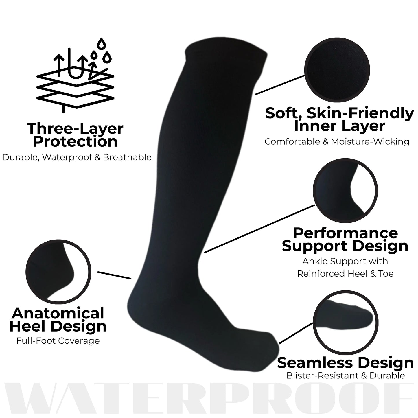 Unisex Knee High Waterproof Socks - Black