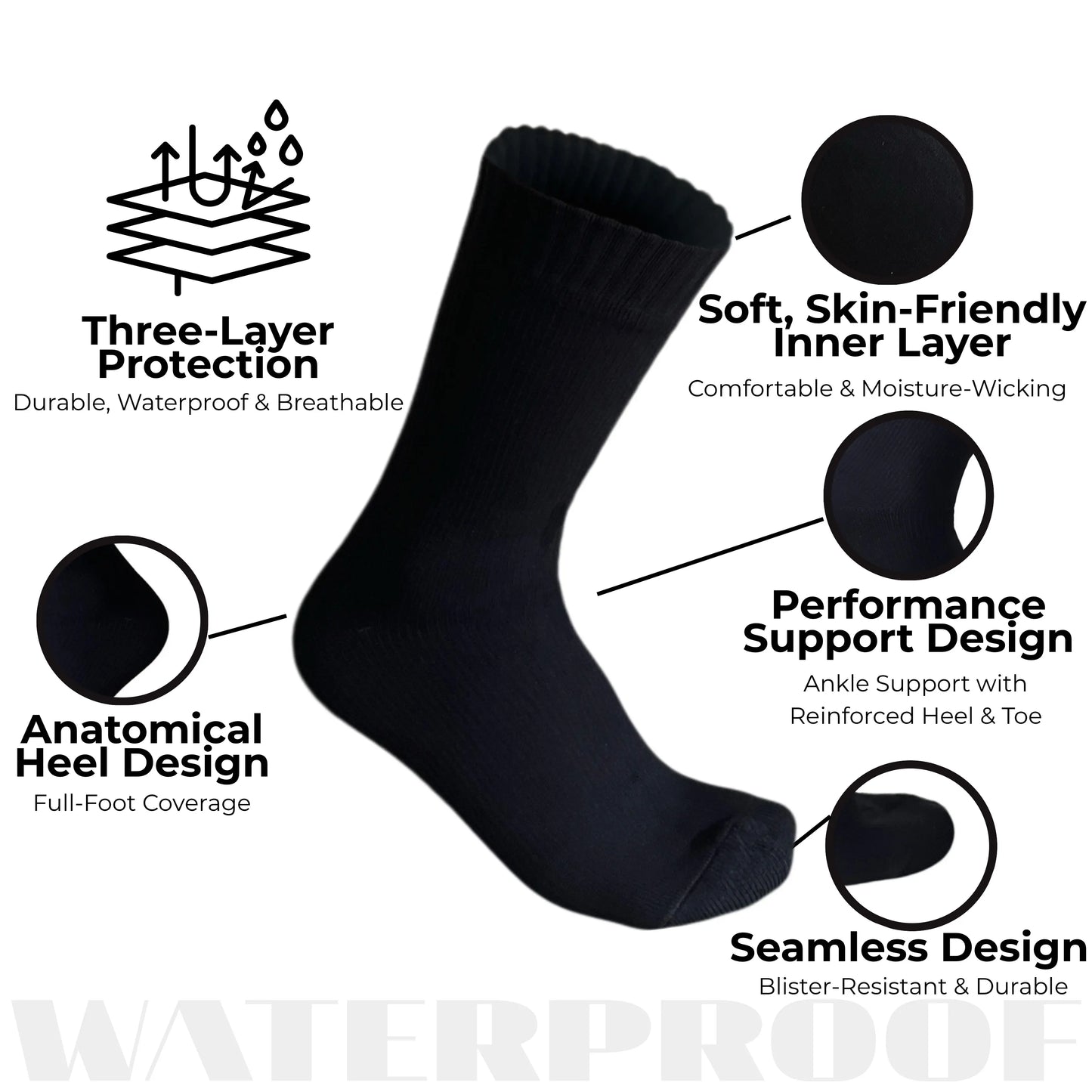 Unisex Crew Waterproof Socks - Black