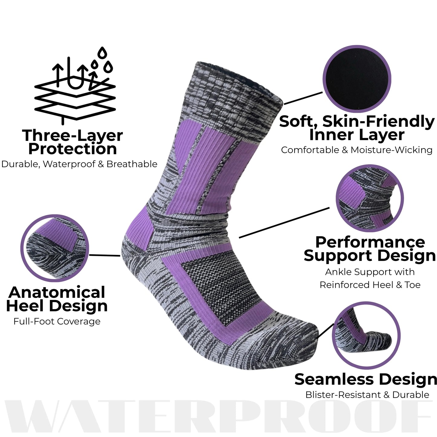 Unisex Crew Waterproof Socks - Purple